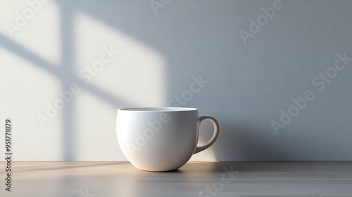 A white coffee cup sits on a table in front of a window