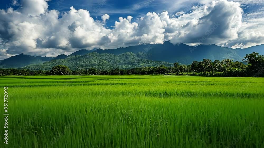 Expansive green rice fields under a picturesque sky with fluffy clouds and mountains in the background Expansive green rice fields under a picturesque sky with fluffy clouds and mountains in the background