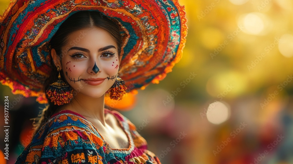 A dancer in an elaborate costume showcases traditional Mexican culture with painted face and decorative sombrero during a lively performance. A dancer in an elaborate costume showcases traditional Mexican culture with painted face and decorative sombrero during a lively performance.