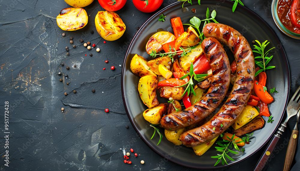 Sausage with fried potatoes and vegetables on a plate. Top view Sausage with fried potatoes and vegetables on a plate. Top view