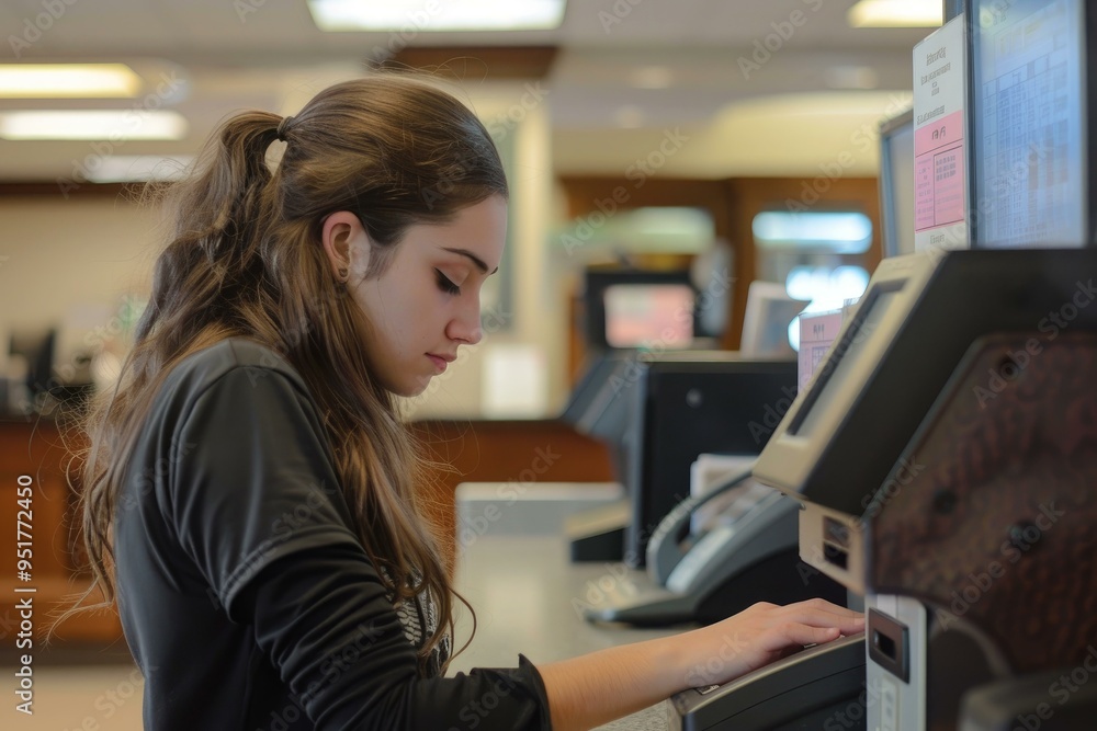 Young woman is using a self service checkout at the library Young woman is using a self service checkout at the library
