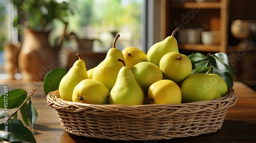 view of fresh ripe pears in a wicker basket