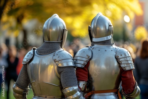 Two Medieval Knights in Full Armor Fighting at the Knight Festival