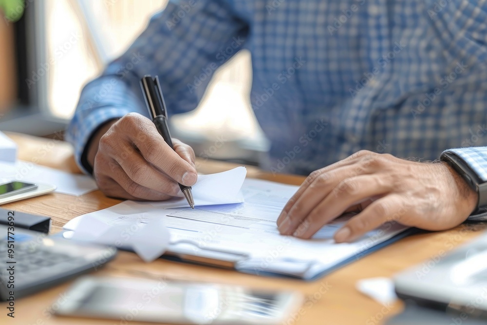 Businessman is taking notes while reviewing paperwork at his desk Businessman is taking notes while reviewing paperwork at his desk