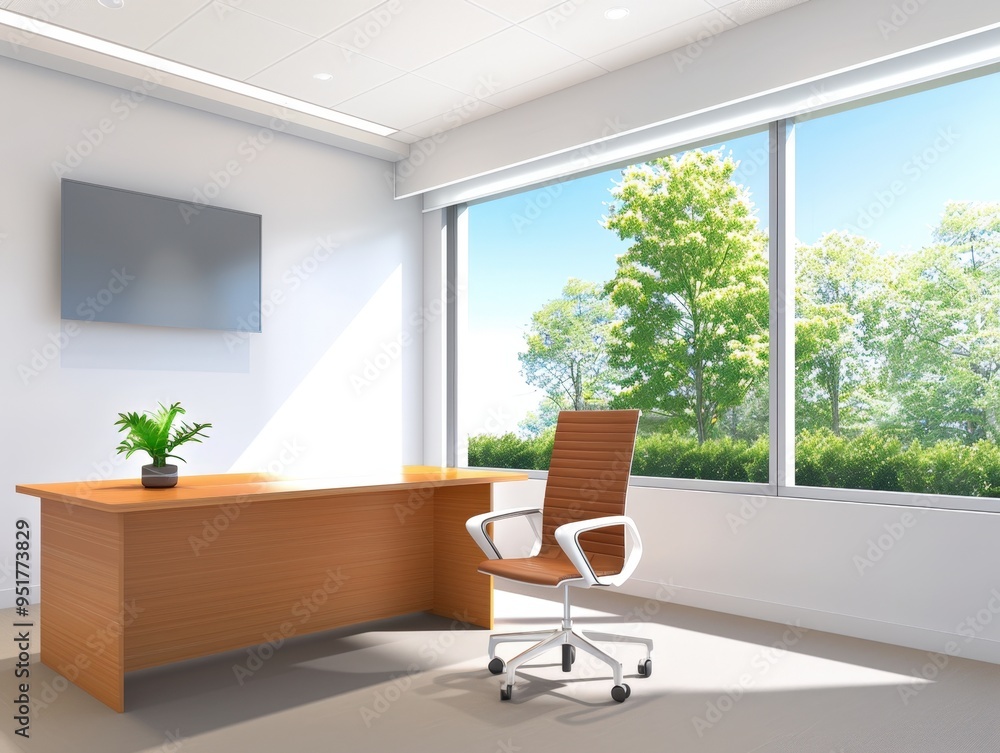 Fototapeta premium A contemporary office setting featuring a sleek wooden desk and a comfortable ergonomic chair