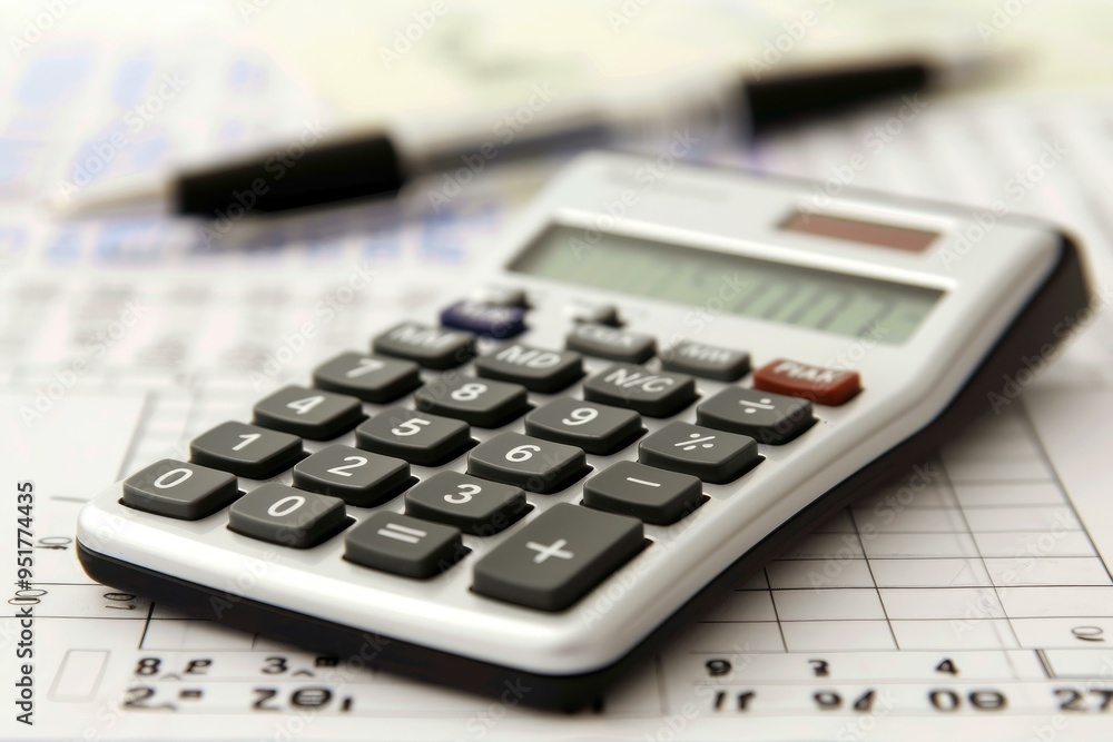 Calculator lying on a spreadsheet with a pen out of focus in the background, concept of accounting Calculator lying on a spreadsheet with a pen out of focus in the background, concept of accounting