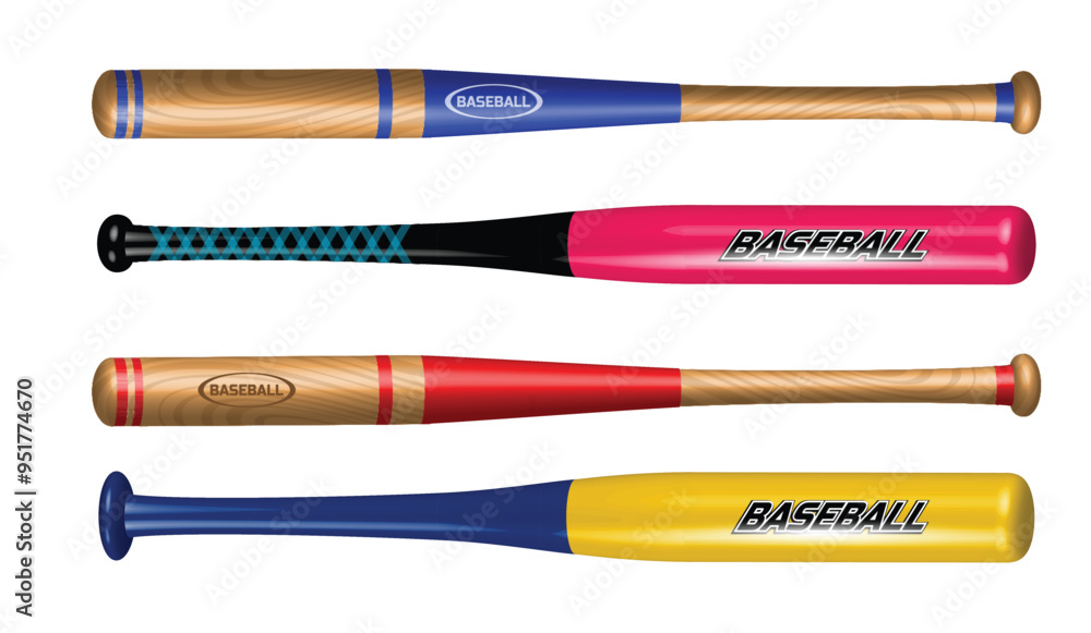 An illustration of four different baseball bats, each uniquely designed with vibrant colors and patterns. The bats range from traditional wooden designs with colored grips to modern, sleek versions An illustration of four different baseball bats, each uniquely designed with vibrant colors and patterns. The bats range from traditional wooden designs with colored grips to modern, sleek versions