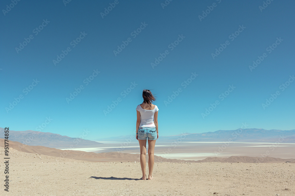 Back View of Unrecognizable Woman on Sandy Terrain in Argentina. Concept of Solitude and Adventure Under a Clear Blue Sky. Generative AI Back View of Unrecognizable Woman on Sandy Terrain in Argentina. Concept of Solitude and Adventure Under a Clear Blue Sky. Generative AI