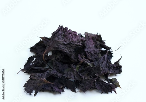 Dried leaves of purple Perilla frutescens var. crispa on white background. Red shiso dried plant is used as a culinary spice.