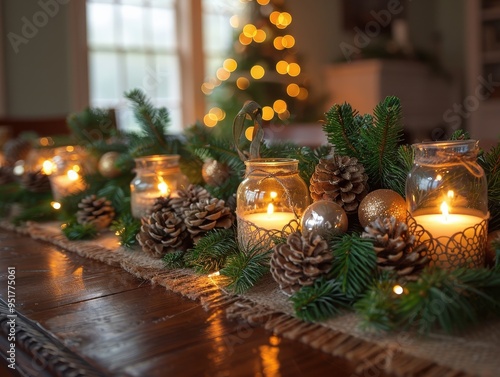 A cozy holiday scene featuring candles, pinecones, and evergreen decorations, perfect for winter celebrations. photo