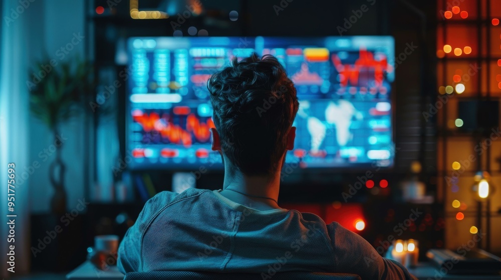 Man Looking at Stock Market Data on Computer Screen Man Looking at Stock Market Data on Computer Screen