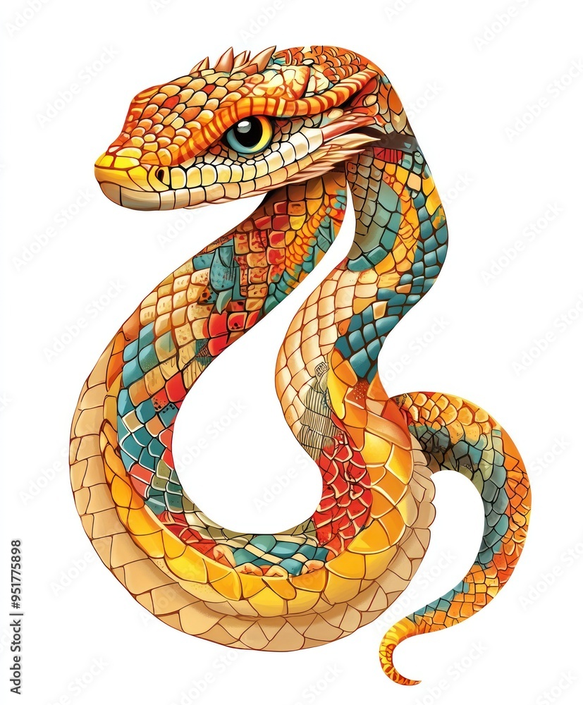 Fototapeta premium A colorful, stylized illustration of a snake with intricate scales and vibrant patterns.