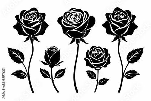 Rose silhouette set of devorative with leaves. Flower vector illustration photo