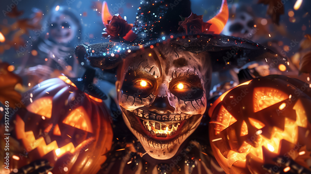 A sinister character with glowing eyes and a wicked grin stands in a twilight spooky setting, holding two jack-o'-lanterns surrounded by other eerie figures A sinister character with glowing eyes and a wicked grin stands in a twilight spooky setting, holding two jack-o'-lanterns surrounded by other eerie figures