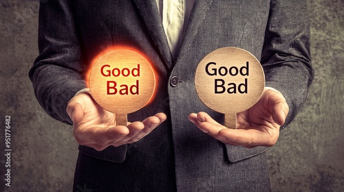 Businessman Weighs Choices Between Good and Bad Represented by Glowing Signs in Ethical Di