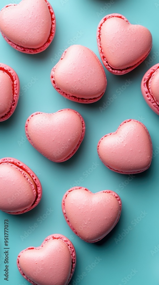French sweet Pink heart macaroons isolated on blue background. Pastry shop card with copy spacefrench macaroons,Paris Pastry,bakery and branding valentine couple concept,copy space. French sweet Pink heart macaroons isolated on blue background. Pastry shop card with copy spacefrench macaroons,Paris Pastry,bakery and branding valentine couple concept,copy space.