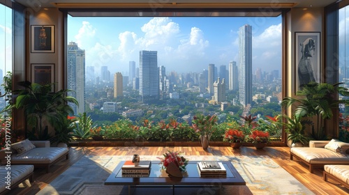 Illustrate a chic urban residence featuring panoramic vistas of Mumbais bustling streets, historic landmarks, and modern skyscrapers rising against the photo