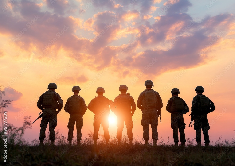 Fototapeta premium Silhouette of Soldiers Standing in Formation Against a Sunset Sky