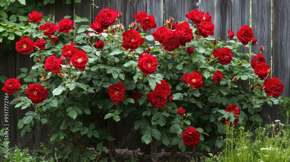 A rose bush in full bloom, with vibrant red roses standing out against the green foliage. A rose bush in full bloom, with vibrant red roses standing out against the green foliage.