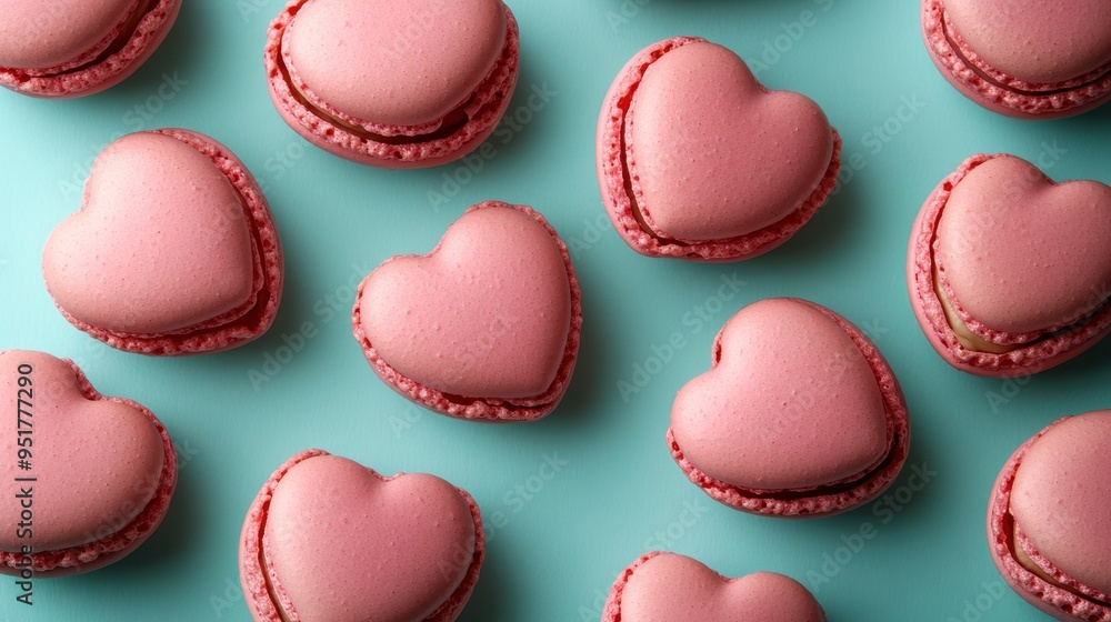 Fototapeta premium French sweet Pink heart macaroons isolated on blue background. Pastry shop card with copy spacefrench macaroons,Paris Pastry,bakery and branding valentine couple concept,copy space.