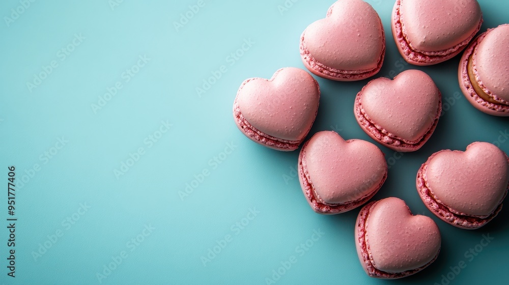 French sweet Pink heart macaroons isolated on blue background. Pastry shop card with copy spacefrench macaroons,Paris Pastry,bakery and branding valentine couple concept,copy space. French sweet Pink heart macaroons isolated on blue background. Pastry shop card with copy spacefrench macaroons,Paris Pastry,bakery and branding valentine couple concept,copy space.