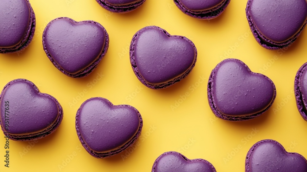 French sweet Violet heart macaroons on yellow background,Pastry shop card with copy space,french purple macaroons,Paris Pastry,bakery and branding valentine couple concept,copy space. French sweet Violet heart macaroons on yellow background,Pastry shop card with copy space,french purple macaroons,Paris Pastry,bakery and branding valentine couple concept,copy space.