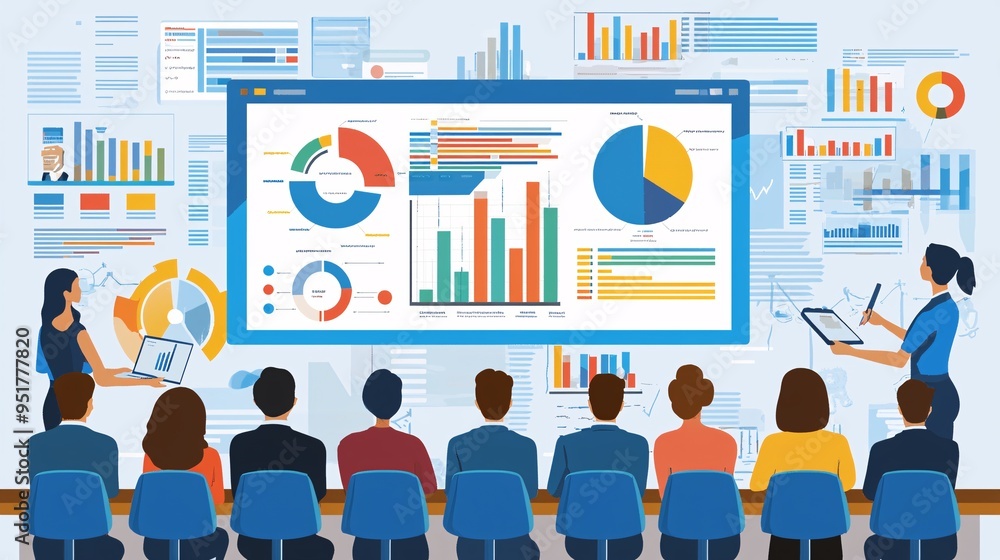 Business Illustration of Quality Control Meeting with Compliance Data and Law Visua Business Illustration of Quality Control Meeting with Compliance Data and Law Visua