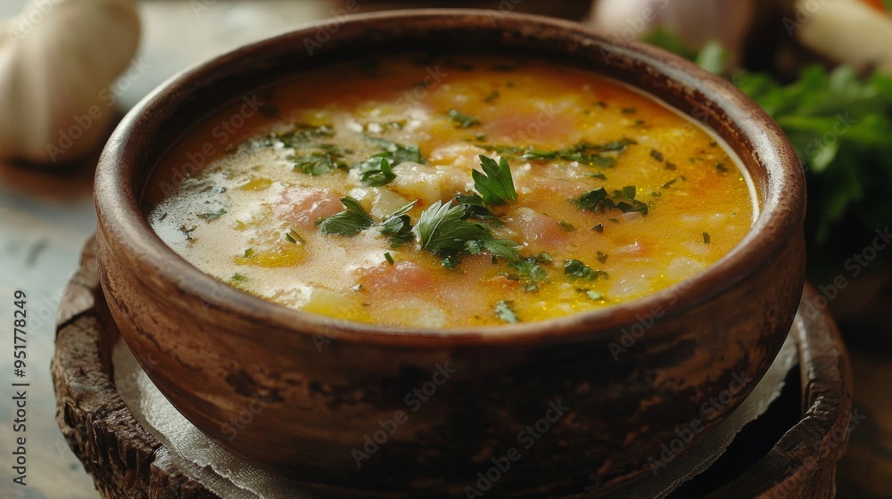 Bulgarian national cuisine: Soup with mutton and vegetables. Bulgarian national cuisine: Soup with mutton and vegetables.