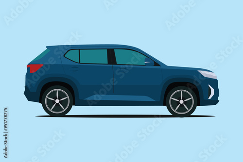 Vector illustration of SUV land vehicle in cartoon flat style. Modern city car, blue sports car vector. Car model with side view. Compact CUV car. 