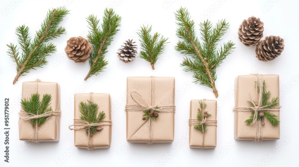 Festive Christmas Wrapped Presents with Cedar and Cones on White Background Top View Festive Christmas Wrapped Presents with Cedar and Cones on White Background Top View