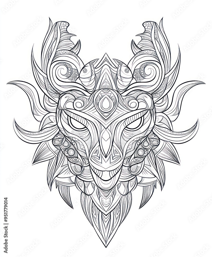 Intricate line art of a mystical creature's face, showcasing elaborate patterns and designs. Intricate line art of a mystical creature's face, showcasing elaborate patterns and designs.
