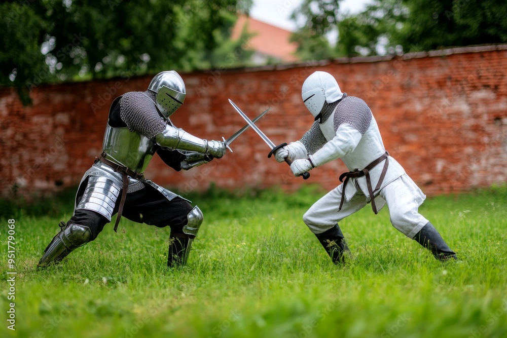 Two Knights in Full Armor Fighting with Swords at a Medieval Festival Two Knights in Full Armor Fighting with Swords at a Medieval Festival