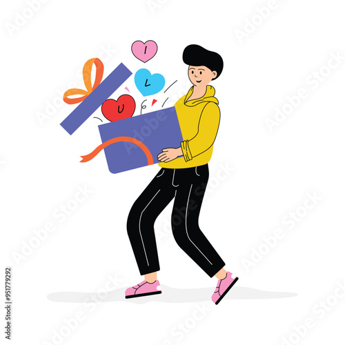 Gifting a heartfelt present to someone special, giving gift flat illustration