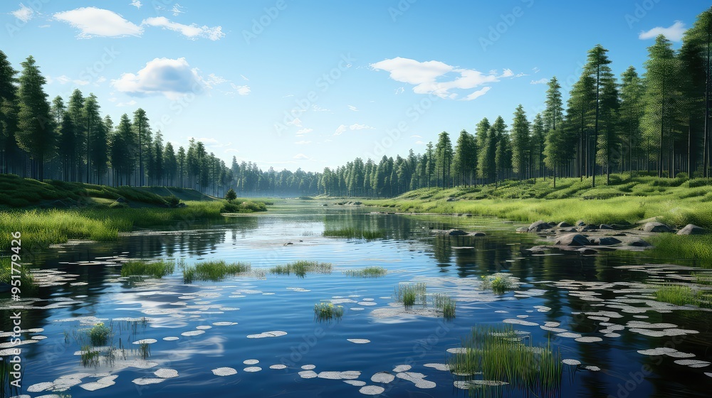 Naklejka premium Summer landscape with blue cloudy sky reflection