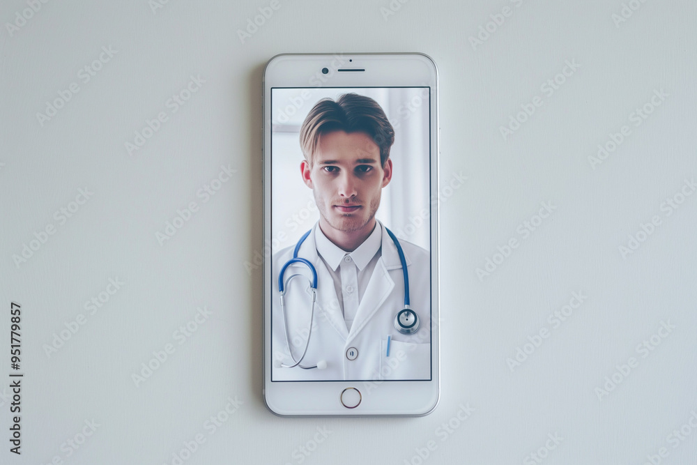 Doctor with Stethoscope on Smartphone Screen for Online Medical Consultation. Concept of Telehealth Services. Generative AI