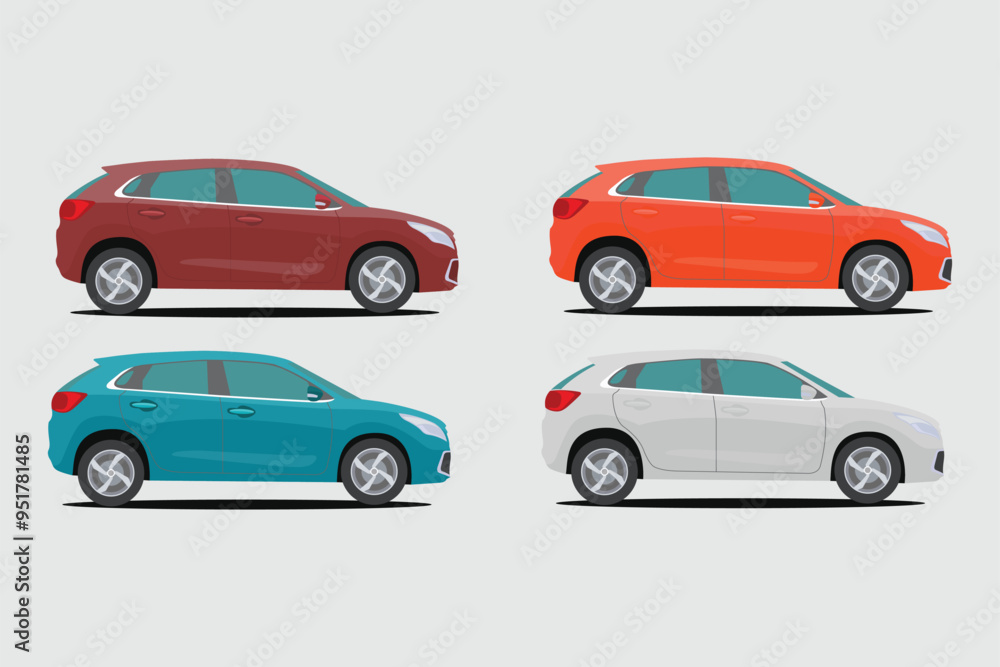 Vector illustration set of land vehicle in different color. Image of four car in cartoon flat style. Icon of car product for labelling advertising in trip, family car comfort vehicle side view. Vector illustration set of land vehicle in different color. Image of four car in cartoon flat style. Icon of car product for labelling advertising in trip, family car comfort vehicle side view.