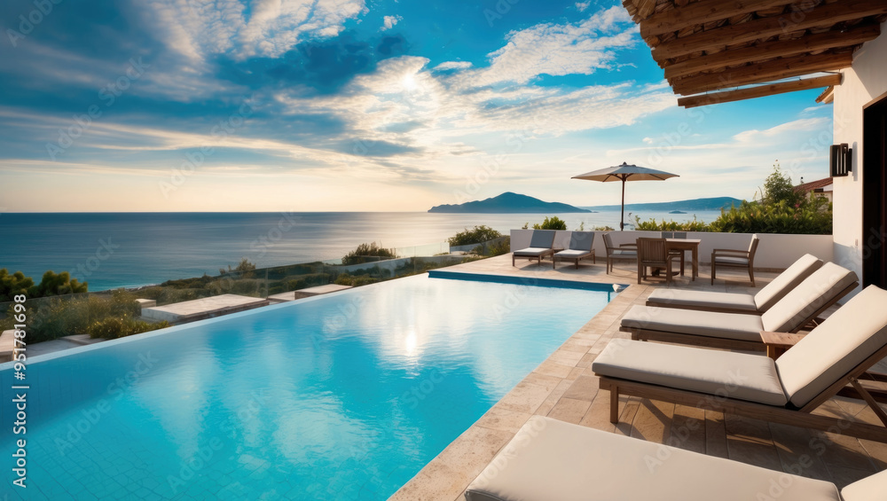 Fototapeta premium Terrace of a resort hotel with sunbeds and swimming pool with clear blue water with breathtaking panoramic sea view