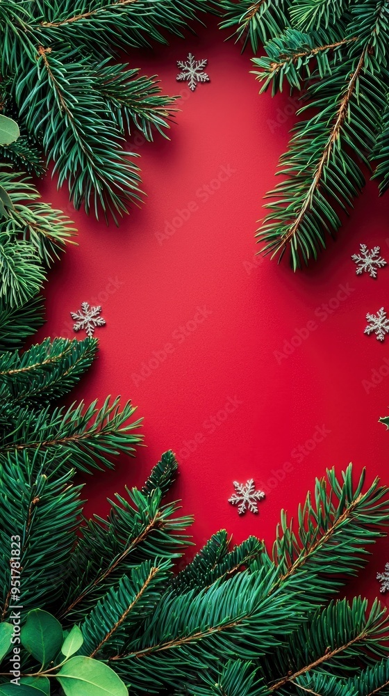 Christmas Tree Branches and Silver Snowflakes on Red Background Christmas Tree Branches and Silver Snowflakes on Red Background