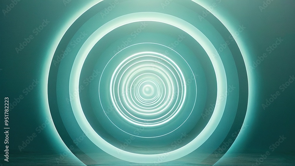 Fototapeta premium Abstract background with glowing white neon circles on a teal background.