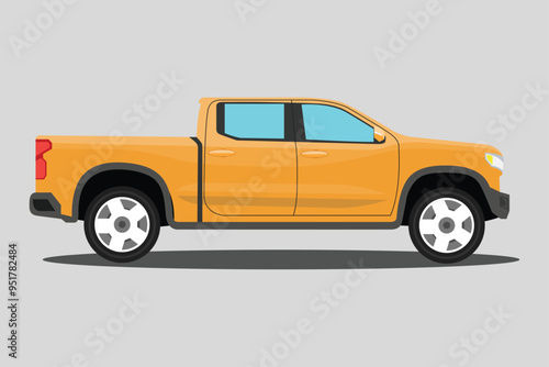 Vector illustration of pickup truck in cartoon flat style. Off-road car on grayscale background. Image of a land vehicle strong durability and comfort. Gasoline car, electric car