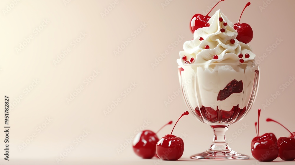 Ice cream sundae, topped with whipped cream and cherries, 3D illustration Ice cream sundae, topped with whipped cream and cherries, 3D illustration