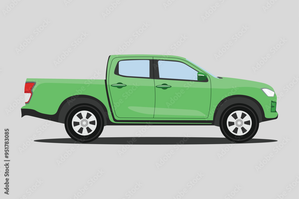 Fototapeta premium Vector illustration of pickup truck in cartoon flat style. Off-road car on grayscale background. Image of a land vehicle strong durability and comfort. Gasoline car, electric car