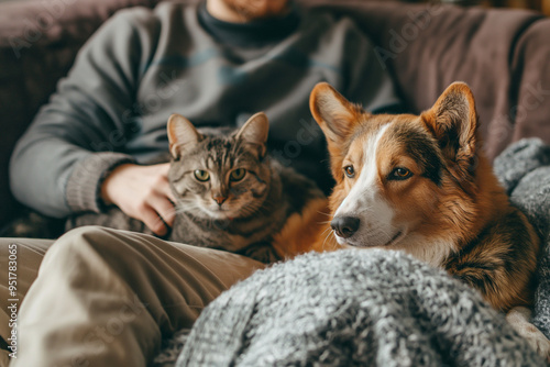 Man Relaxing on Sofa with Pets: Stroking Cat and Dog Together. Generative AI