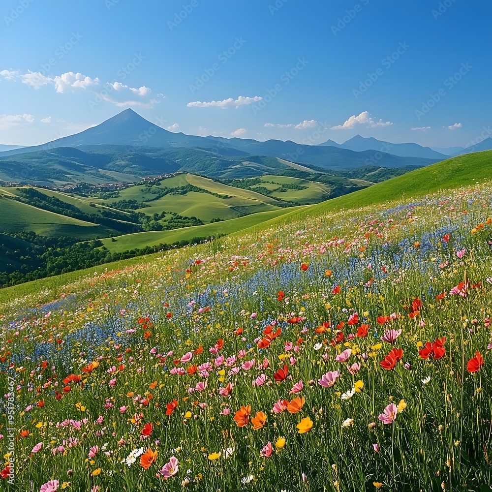 A field of wildflowers in a valley with a mountain range in the background. A field of wildflowers in a valley with a mountain range in the background.