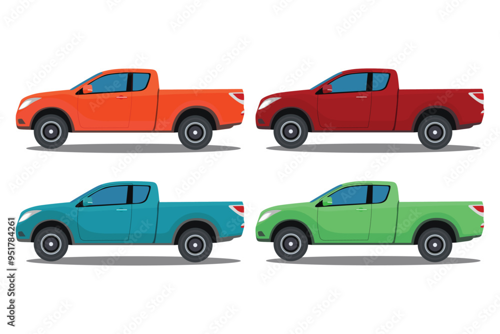 Vector illustration set of land vehicle in different color. Image of pickup truck in cartoon flat style. Four wheel drive sporty car. Comfort pickup truck icon, symbol, logo for advertising Vector illustration set of land vehicle in different color. Image of pickup truck in cartoon flat style. Four wheel drive sporty car. Comfort pickup truck icon, symbol, logo for advertising
