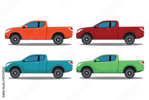 Vector illustration set of land vehicle in different color. Image of pickup truck in cartoon flat style. Four wheel drive sporty car. Comfort pickup truck icon, symbol, logo for advertising