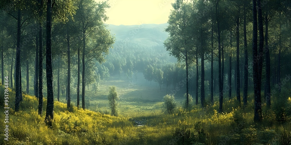 Fototapeta premium A misty forest path winds its way through a lush green valley, the sun peeking through the leaves creating a magical glow.