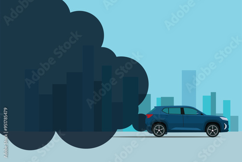 Vector illustration of car exhaust pollution in the city. Automobile exhaust pollutes cities, saving energy and reducing emissions. Polluted air environment at city, vehicle traffic and toxic smog