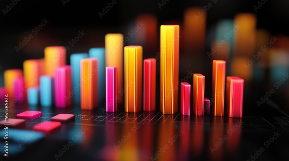 Vibrant 3D bar chart with colorful bars representing data analytics and business growth on a dark background. Vibrant 3D bar chart with colorful bars representing data analytics and business growth on a dark background.