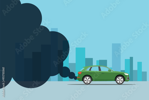 Vector illustration of car exhaust pollution in the city. Automobile exhaust pollutes cities, saving energy and reducing emissions. Polluted air environment at city, vehicle traffic and toxic smog